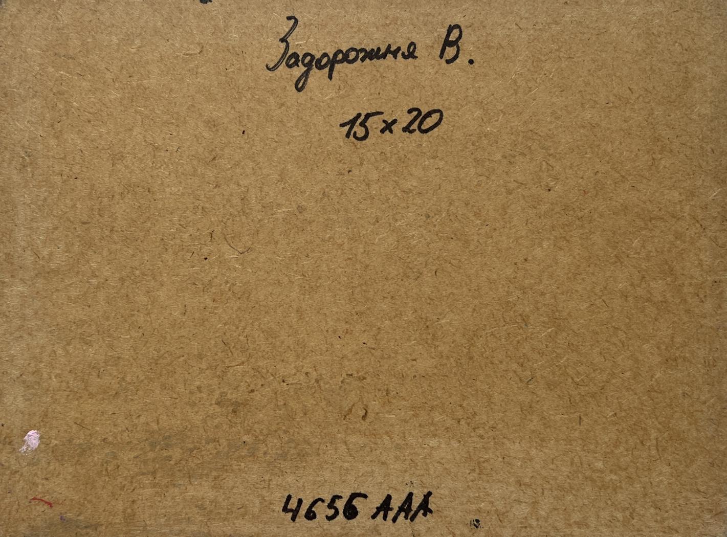 Back of V. Zadorozhnya oil painting Horizon in evening sun lights with brown textured paper inscription