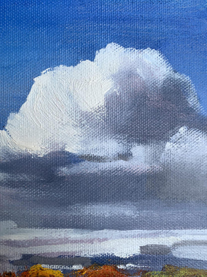 Oil painting Cloudy day by Tatyana Derdey: textured white-gray clouds on blue sky