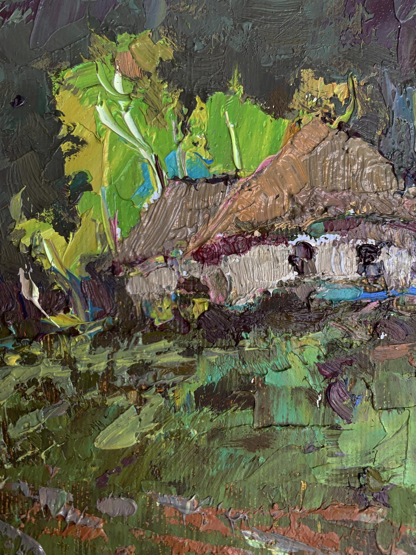 Oil painting Before the Storm by Oksana Ivanyuk, textured rustic house