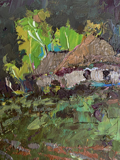 Oil painting Before the Storm by Oksana Ivanyuk, textured rustic house