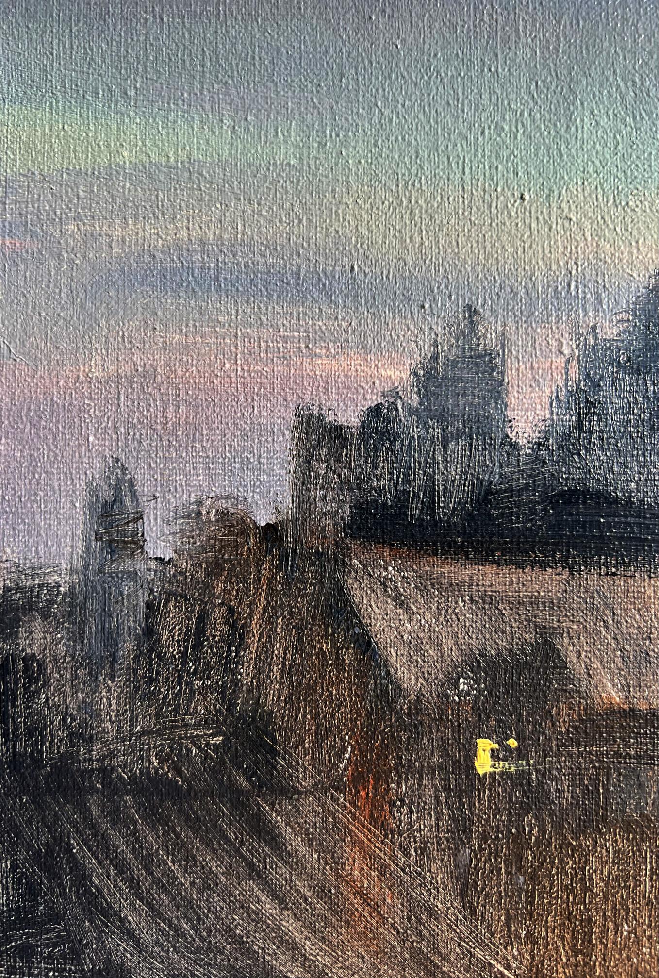 Oil painting of Northern Lights over moody village twilight by Tatyana Derdey