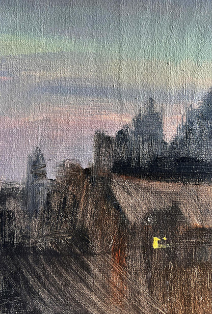 Oil painting of Northern Lights over moody village twilight by Tatyana Derdey