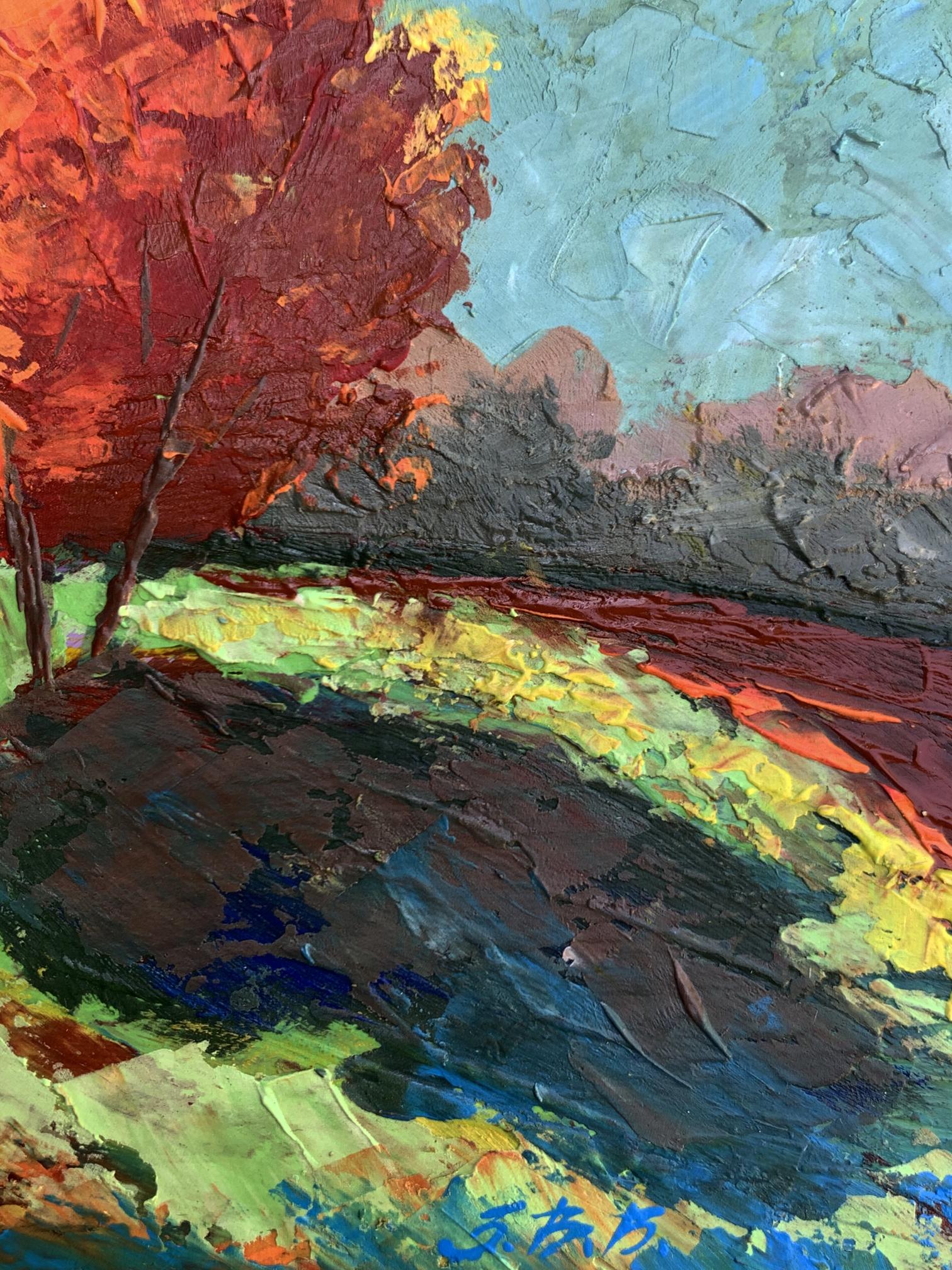 Vibrant oil painting of autumn tree by V. Zadorozhnya with red foliage and teal sky