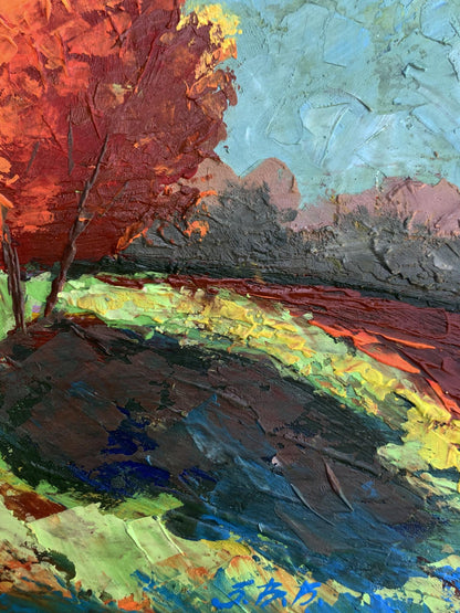 Vibrant oil painting of autumn tree by V. Zadorozhnya with red foliage and teal sky