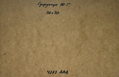 Back of Yuriy Suprunchuk Summer journey along the river oil painting with brown textured paper Cyrillic text and numbers