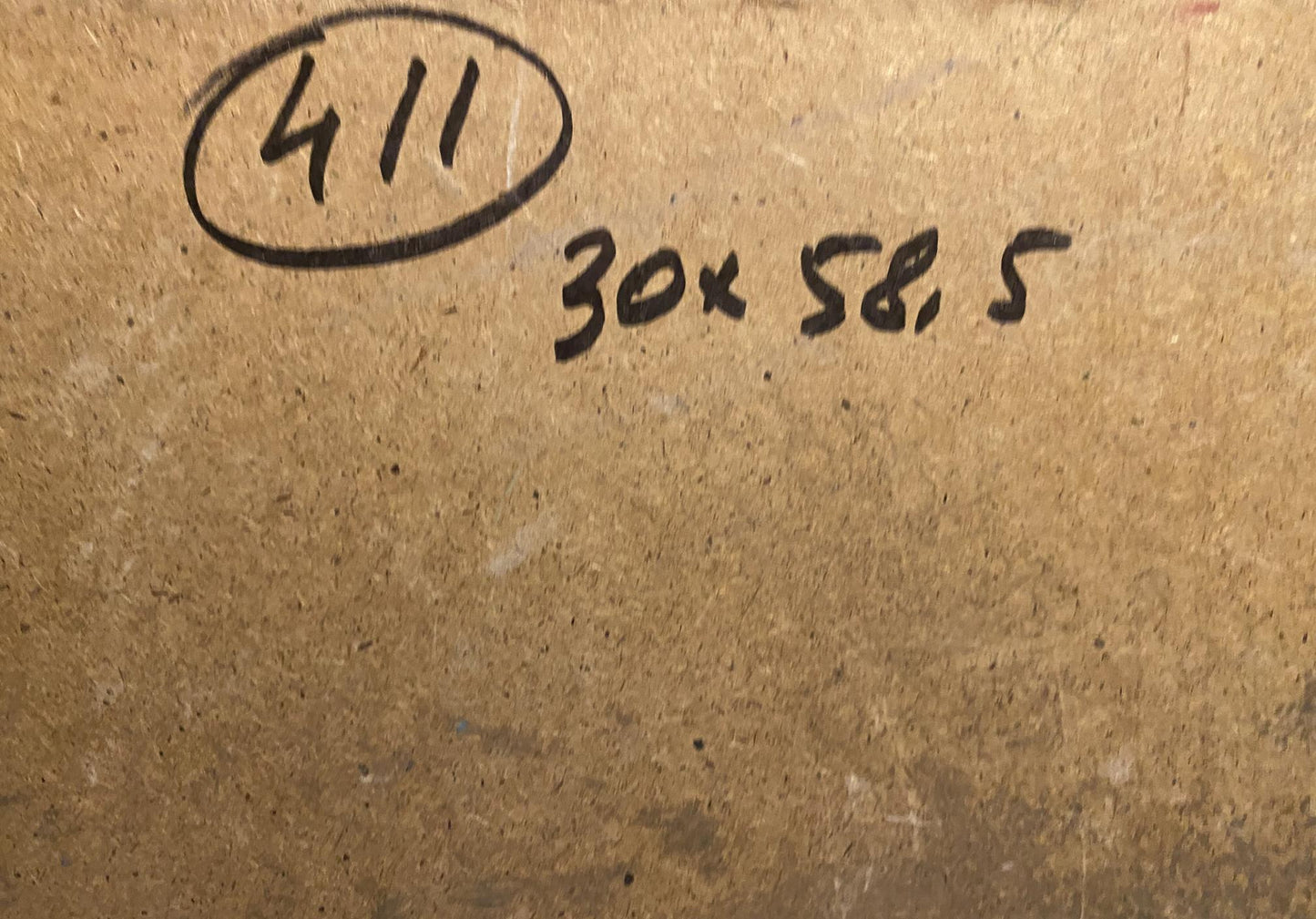 Back of Old Willow oil painting by Viktor Sevastiyanov with circled 411 and 30x58.5 dimensions on brown cardboard