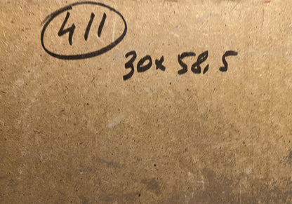 Back of Old Willow oil painting by Viktor Sevastiyanov with circled 411 and 30x58.5 dimensions on brown cardboard