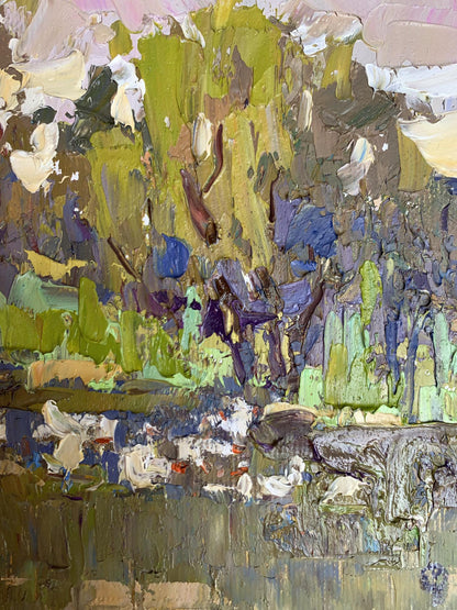 Oil painting Geese in the Lake by Oksana Ivanyuk with textured green purple landscape