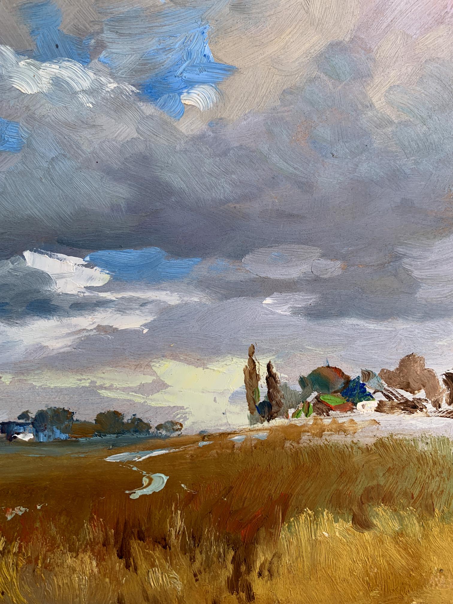Oil painting Not far from the village by Yuriy Suprunchuk golden field dramatic sky