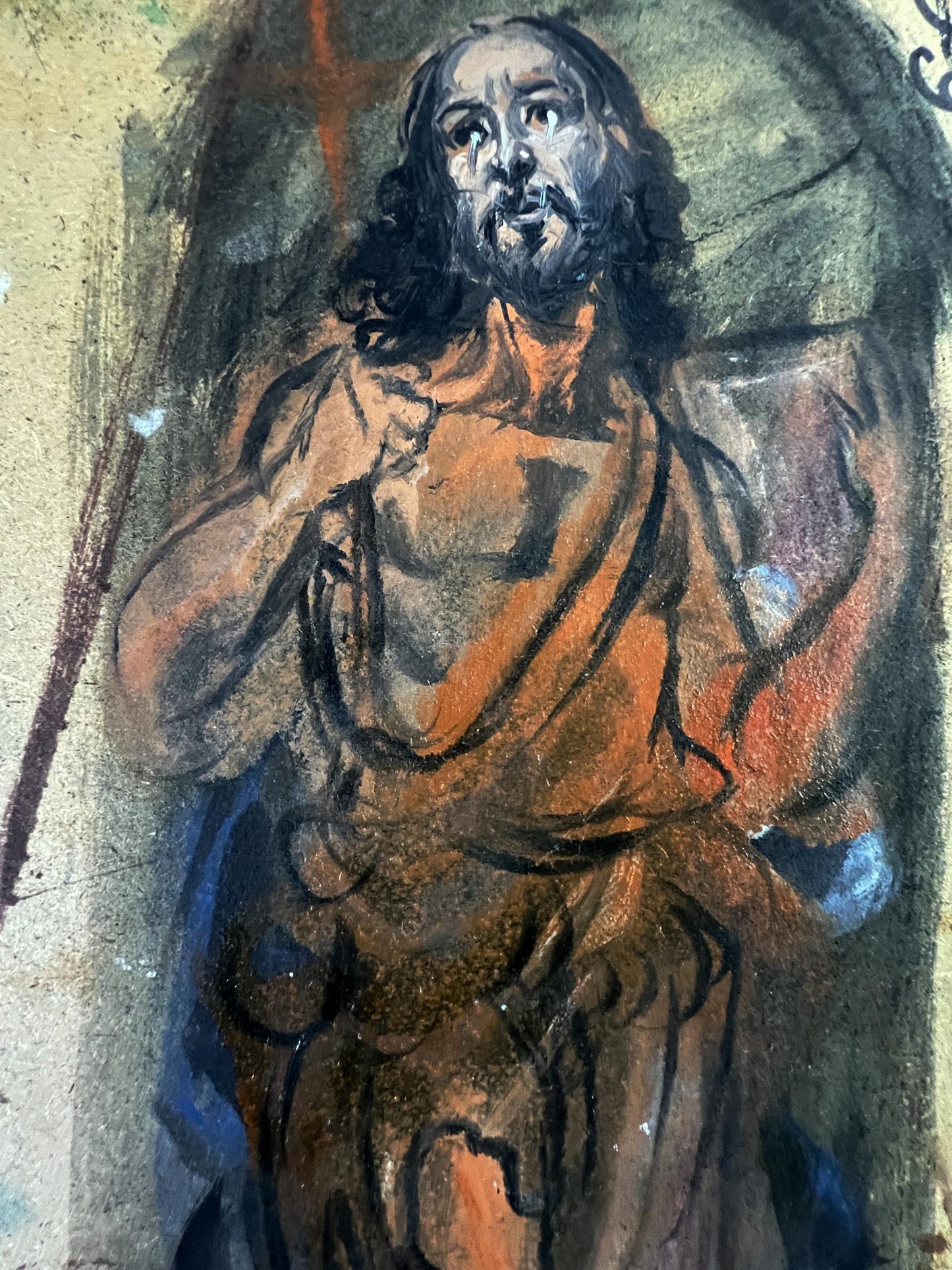 Textured pastel sketch of bearded robed man in Litvinovs Night sacred forest rite