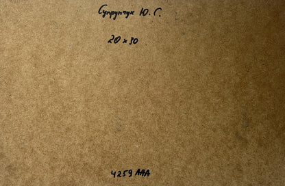 Back of Yuriy Suprunchuk Oil painting Winter night comfort with brown cardboard Cyrillic text and measurements