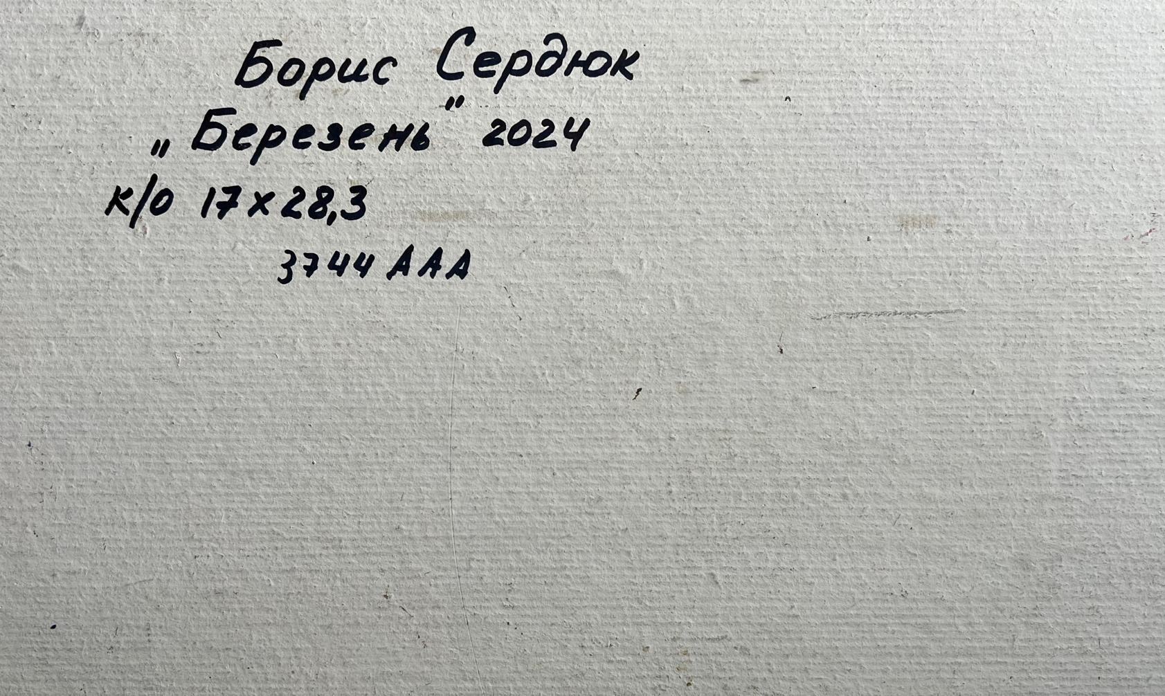 Back of Oil painting March days in the field Boris Serdyuk white textured canvas black inscription