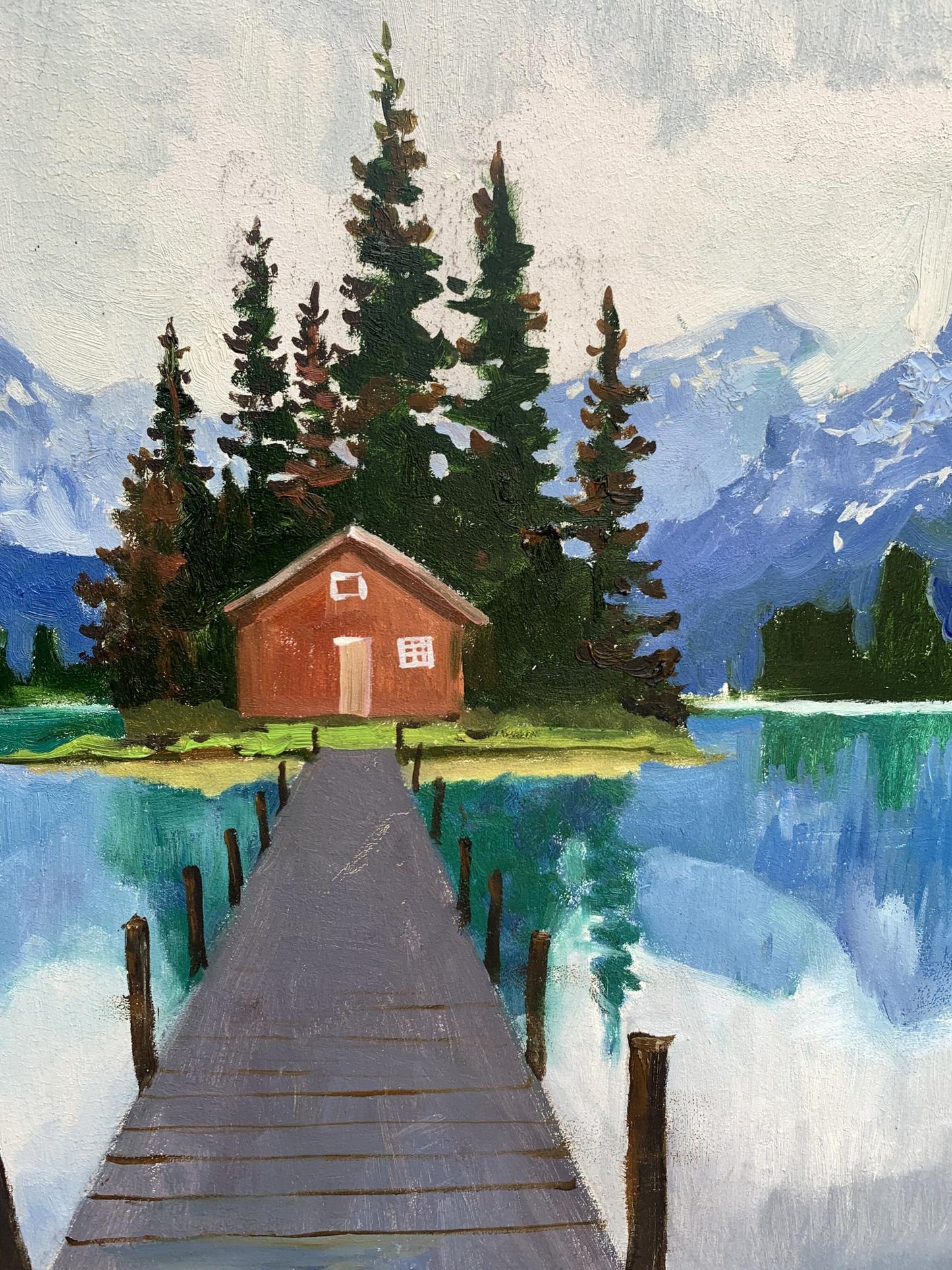 Oil painting of rustic red cabin on lake island by Tatyana Derdey