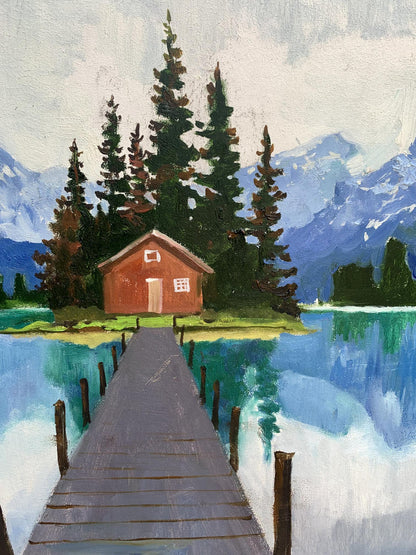 Oil painting of rustic red cabin on lake island by Tatyana Derdey