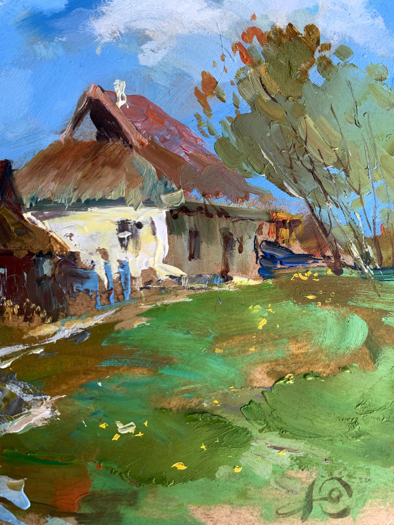 Vibrant impressionist oil painting of rustic cottage by Yuriy Suprunchuk