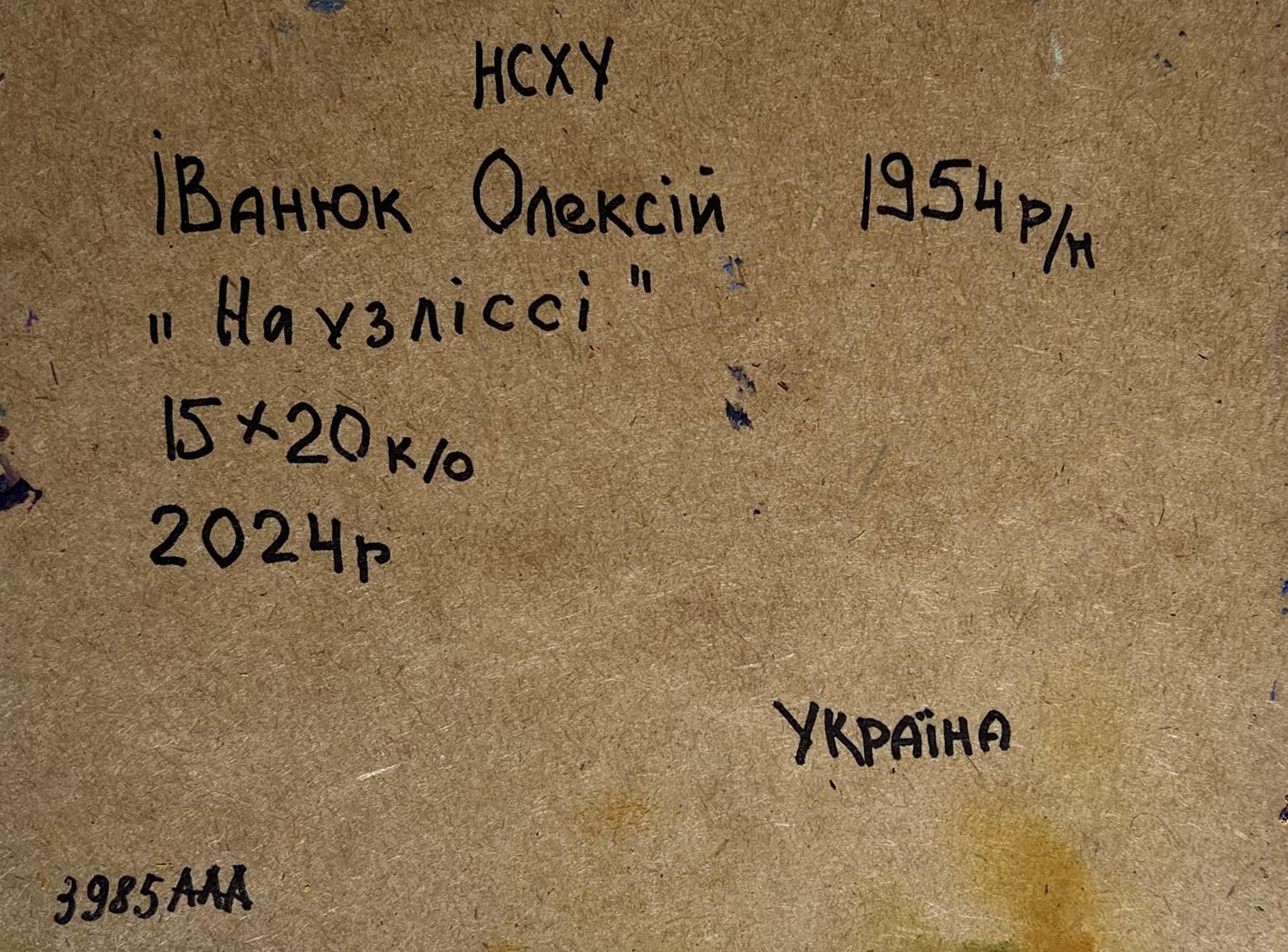 Back of Oil painting Field and forests Oleksiy Ivanyuk: handwritten Ukrainian Cyrillic on cardboard