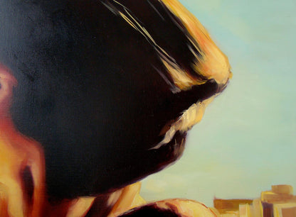 Oil painting Crazy eyes by Yulia Lihina, dark textured canvas close-up