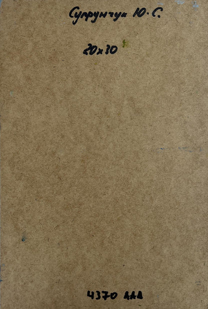 Back of Yuriy Suprunchuk oil painting Sunny day at sea with Cyrillic text and measurements on brown cardboard