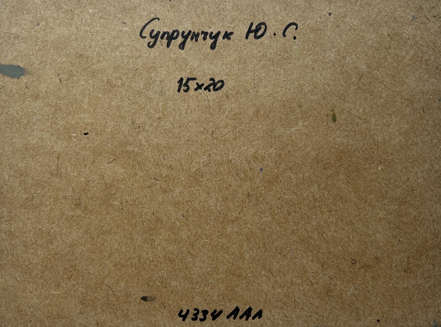 Back of Yuriy Suprunchuk Oil painting Coastal peace with Cyrillic text and measurements on brown cardboard