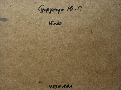 Back of Yuriy Suprunchuk Oil painting Coastal peace with Cyrillic text and measurements on brown cardboard