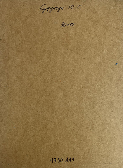 Back of Yuriy Suprunchuk Venice oil painting with Cyrillic text on cardboard