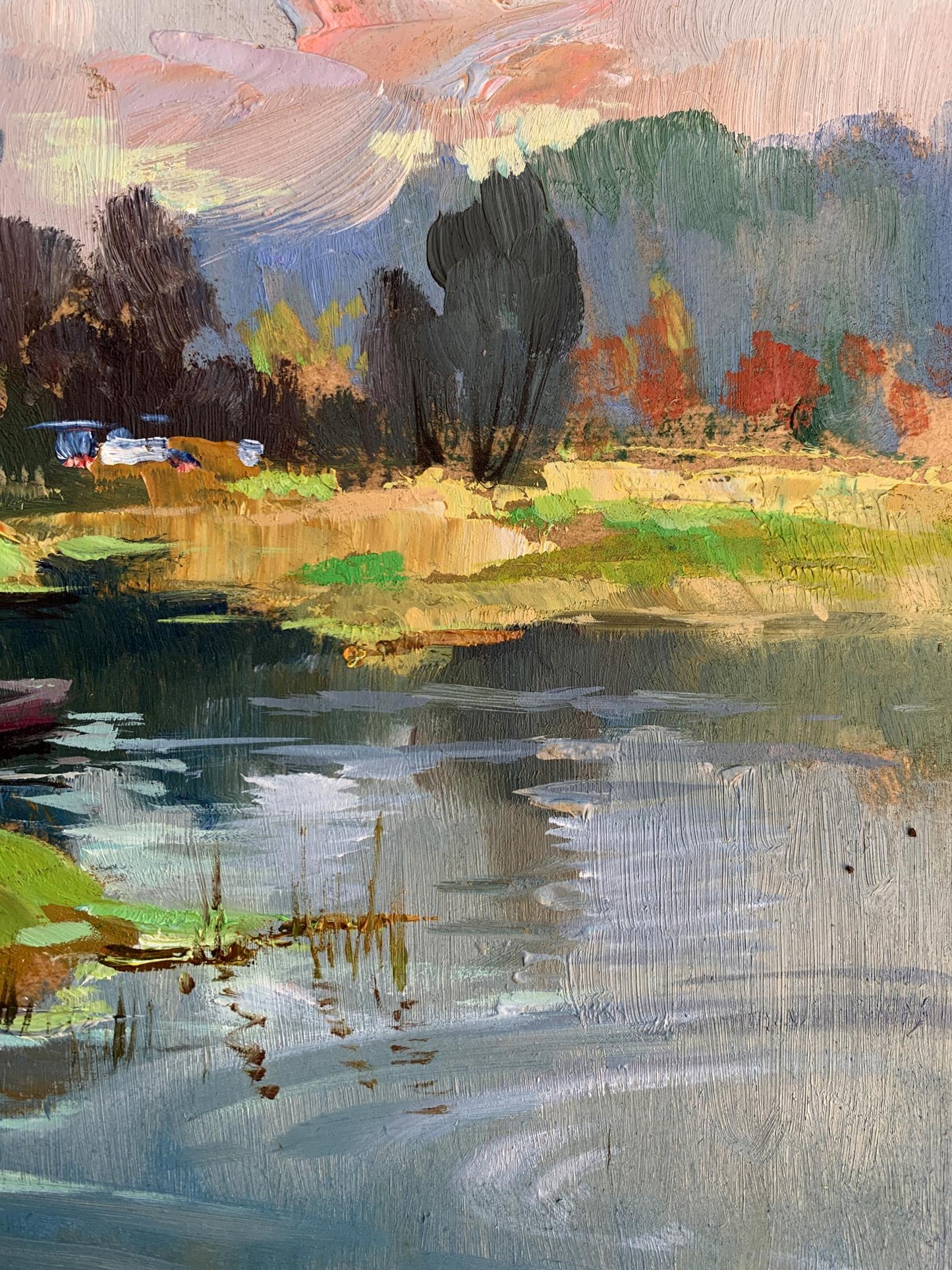 Impressionistic oil painting of tranquil lake on Yuriy Suprunchuk left river bank