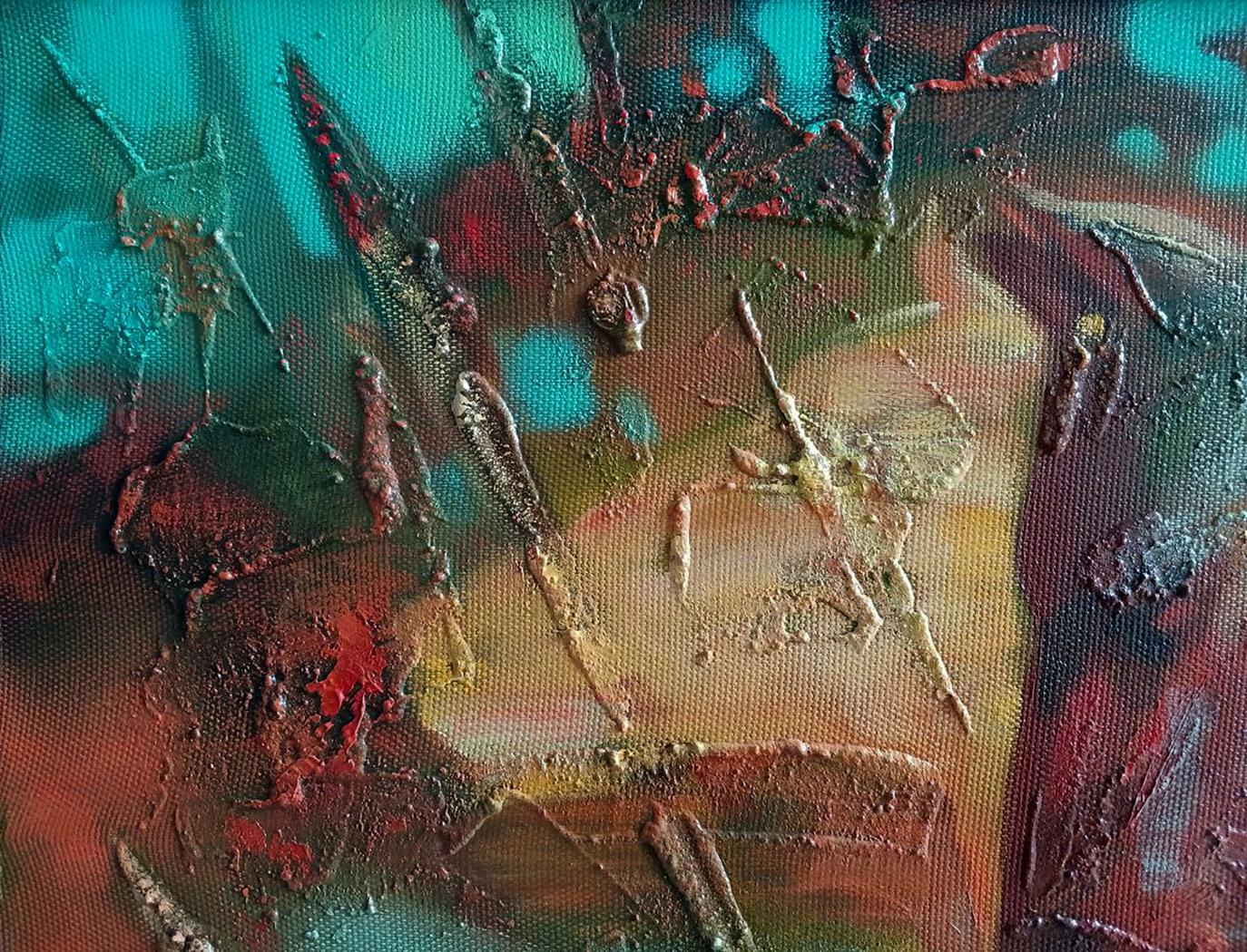 Abstract oil painting Scythian legend by Anatoly Tarabanov in teal red earthy impasto