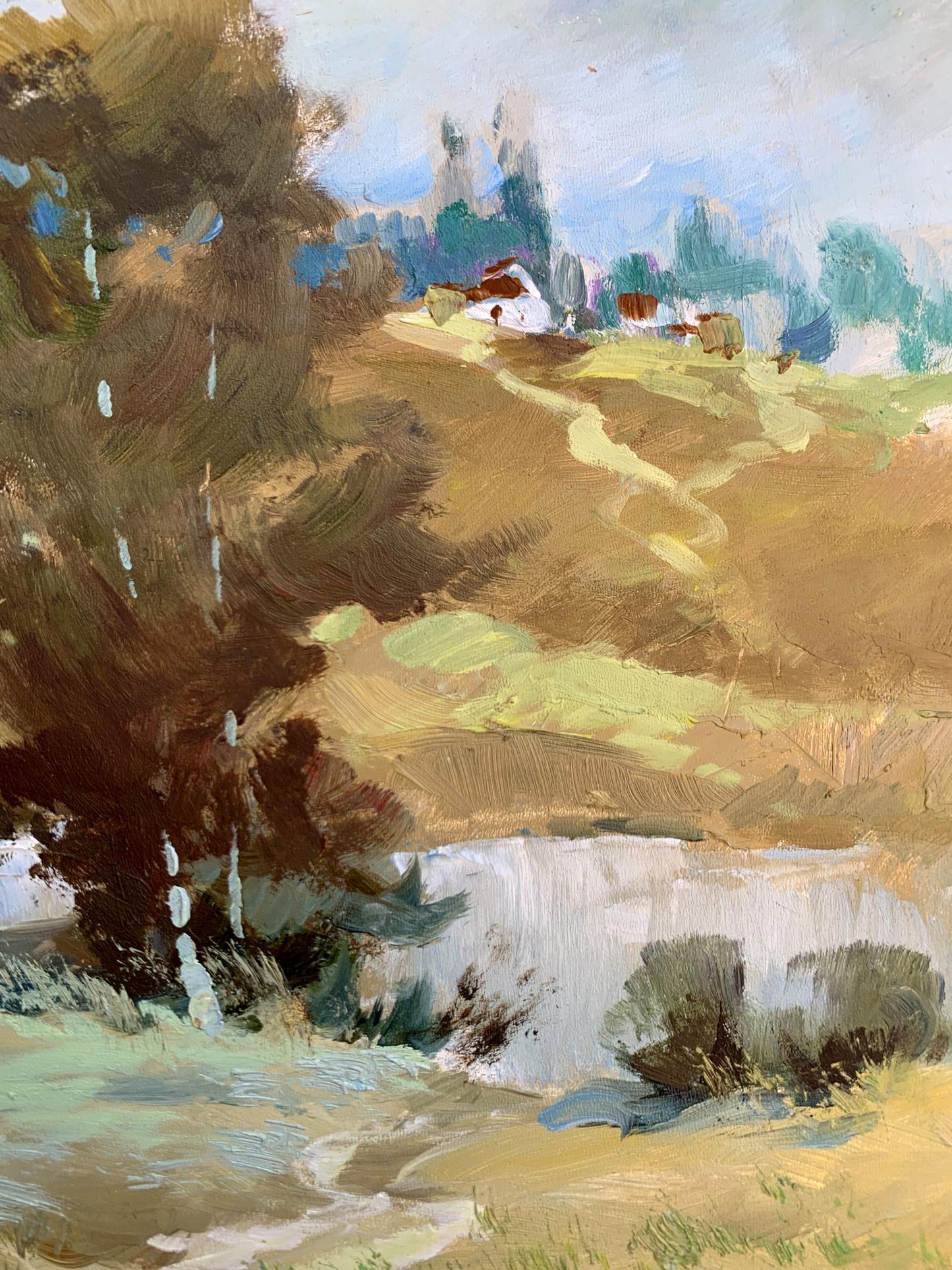 Oil painting Village Pond by Yuriy Suprunchuk, rustic countryside scene