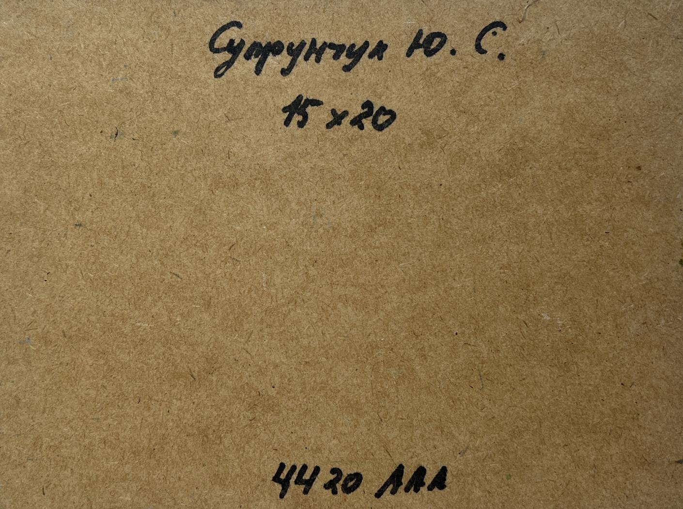 Back of Yuriy Suprunchuk oil painting with Cyrillic text and measurements on brown cardboard