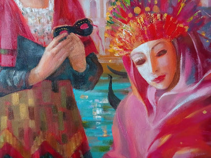 Vibrant oil painting Carnival in Venice by Anatoly Tarabanov, woman in feathered headdress