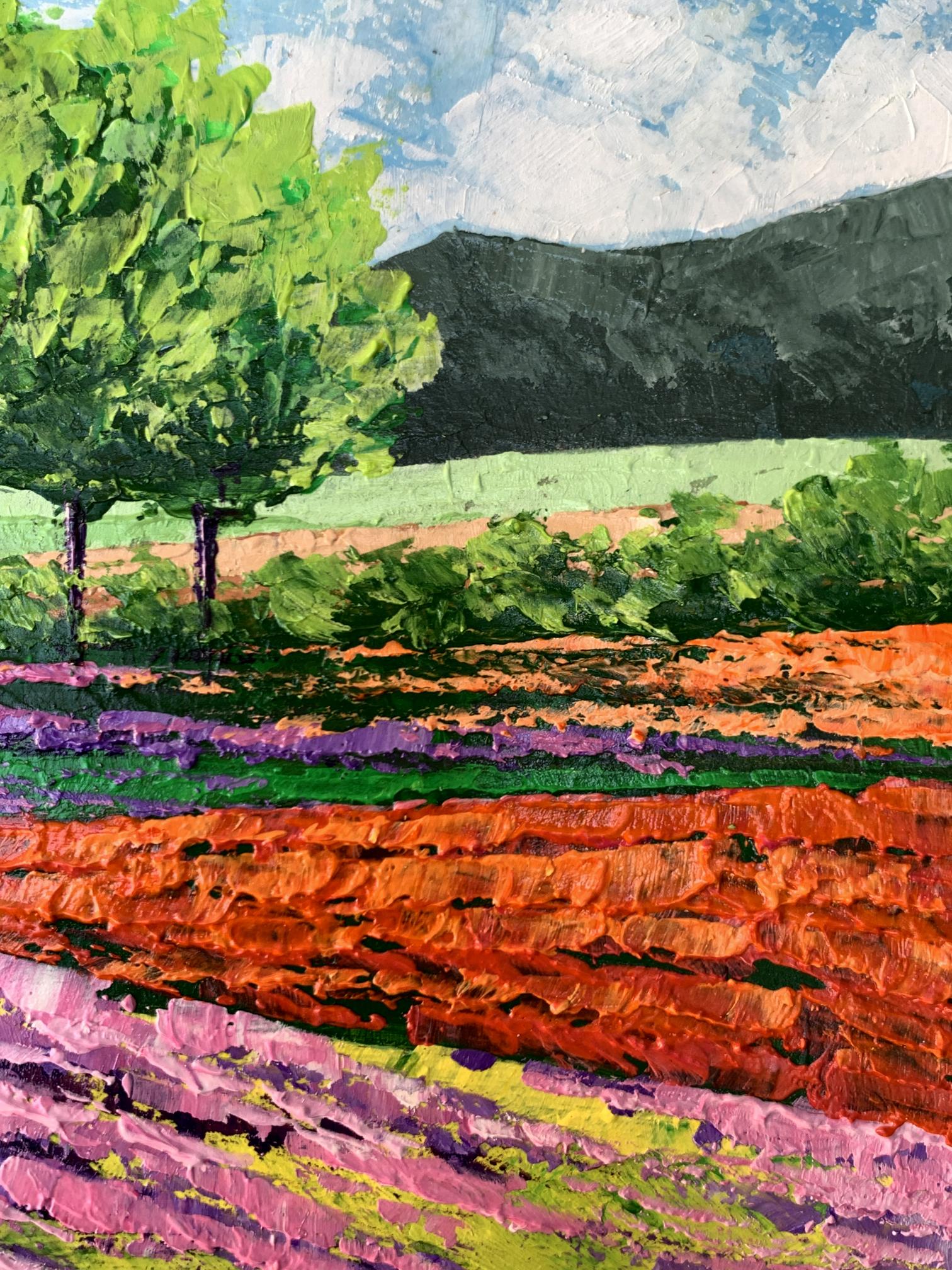 Vibrant oil painting of flower fields near mountains by V. Zadorozhnya