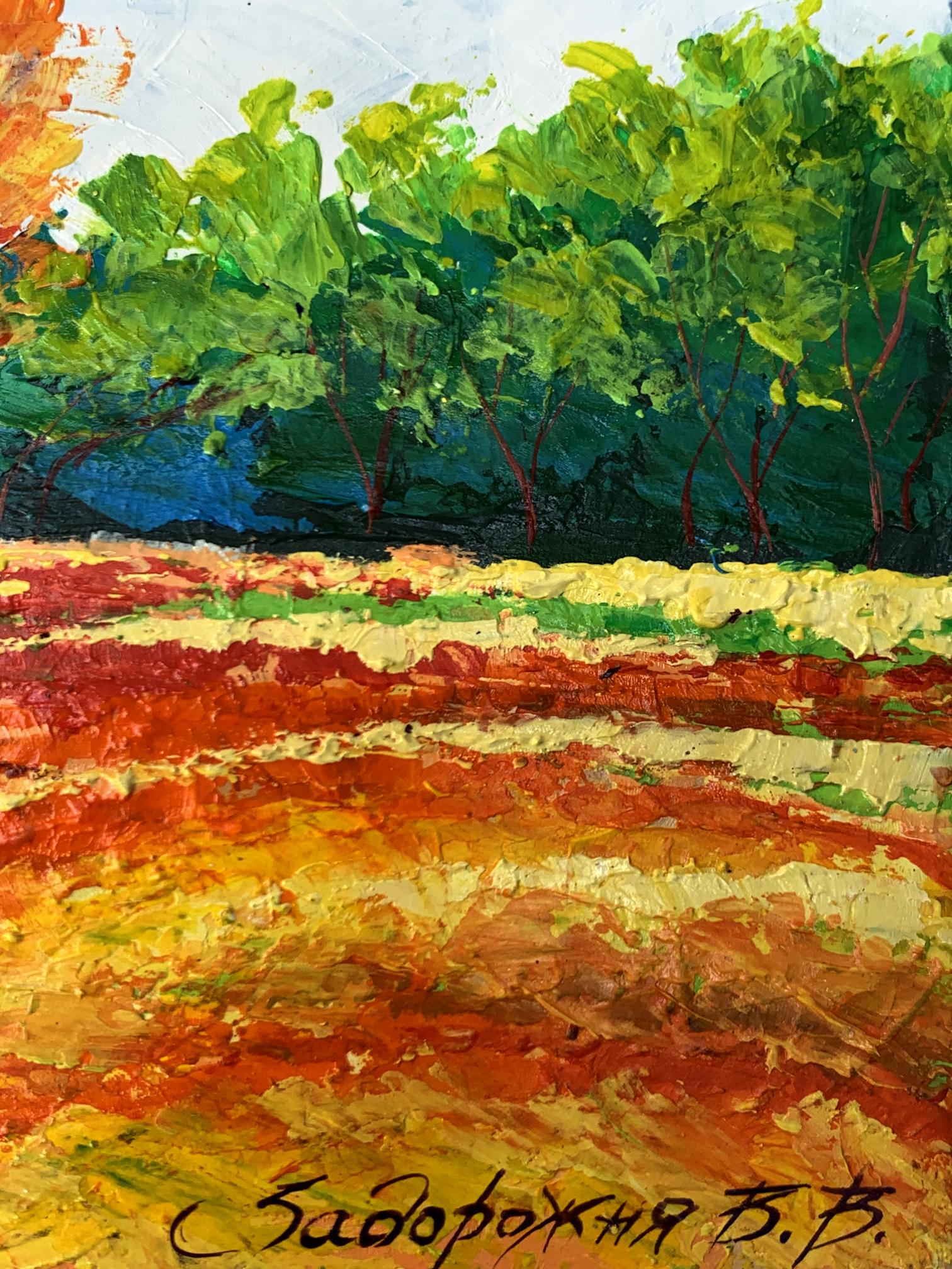 Vibrant impressionistic oil painting of orange trees by V. Zadorozhnya