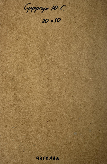 Back of Oil painting Shadows of Old Venice Yuriy Suprunchuk: brown cardboard with Cyrillic text and measurements