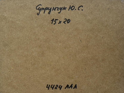 Back of Yuriy Suprunchuk oil painting with Cyrillic text on cardboard