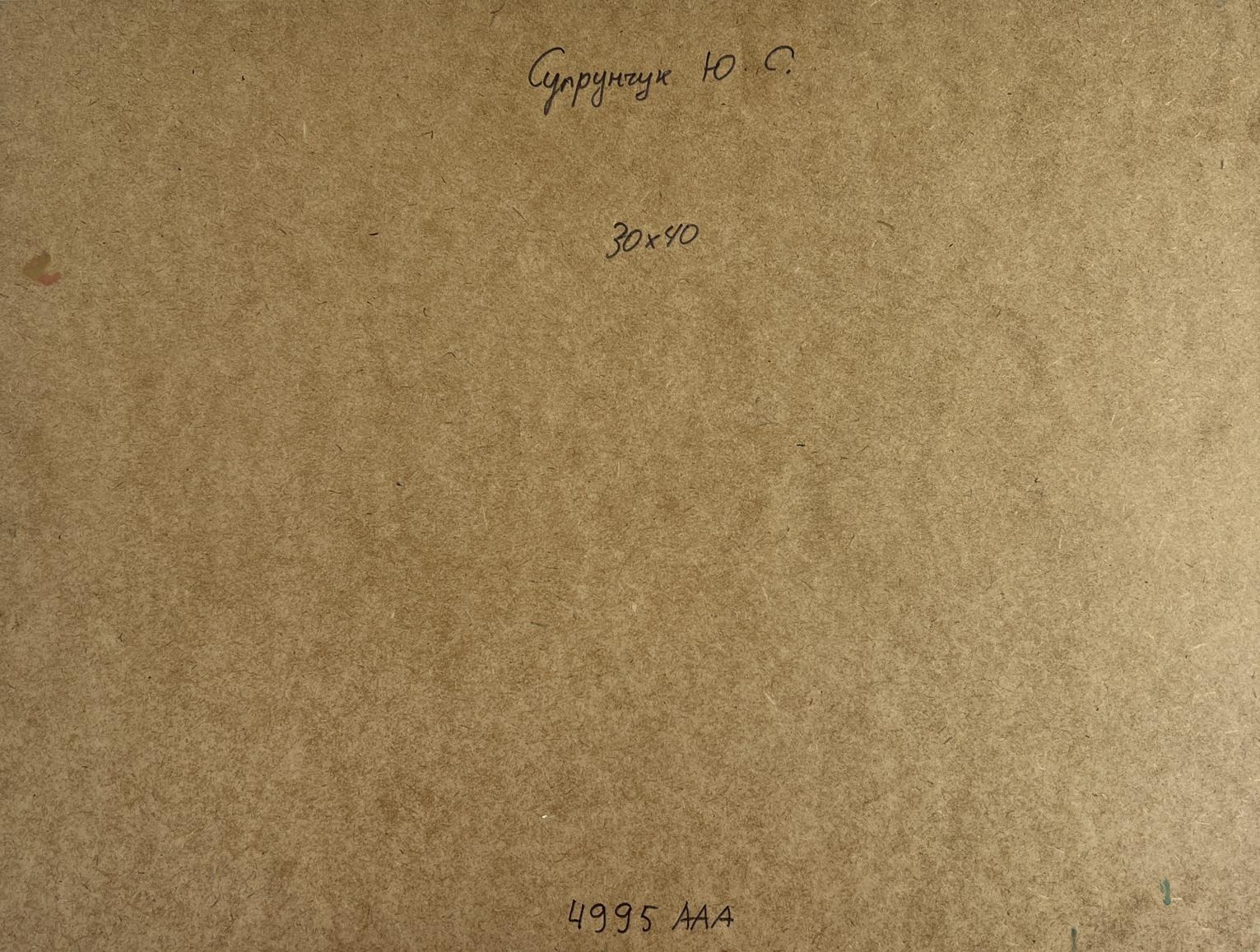 Back of Yuriy Suprunchuk oil painting with brown textured paper Cyrillic text measurements