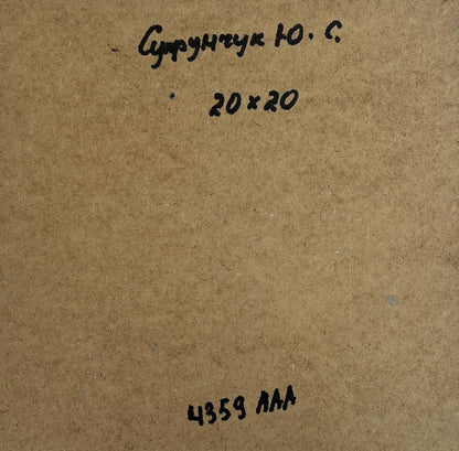 Back of Yuriy Suprunchuk oil painting House near the river with Cyrillic text and measurements on brown cardboard
