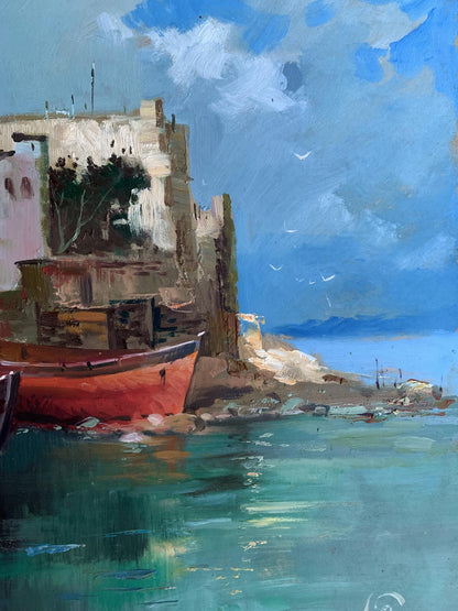 Vibrant red boat on seashore by Yuriy Suprunchuk oil painting