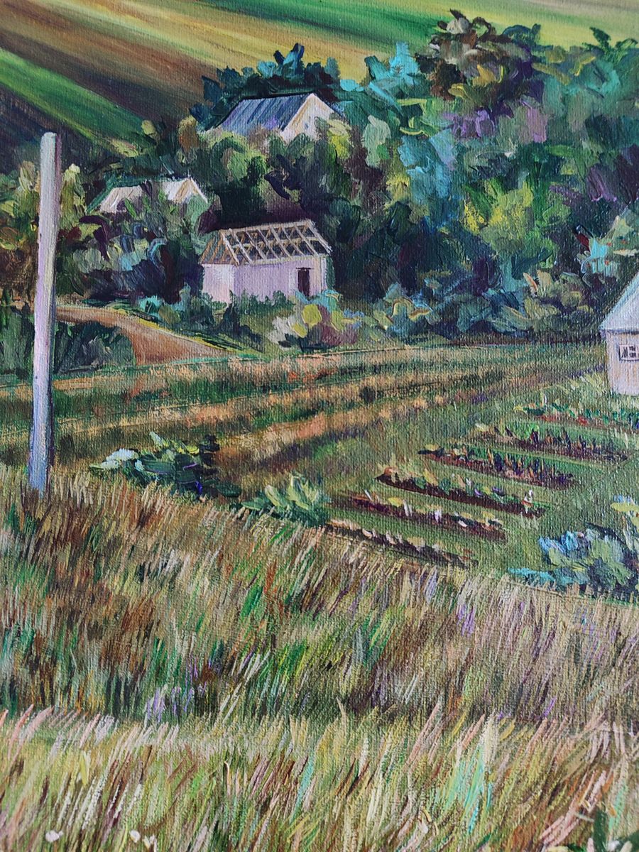 Vibrant impressionist oil painting Life in the village in summer by Oksana Sklym