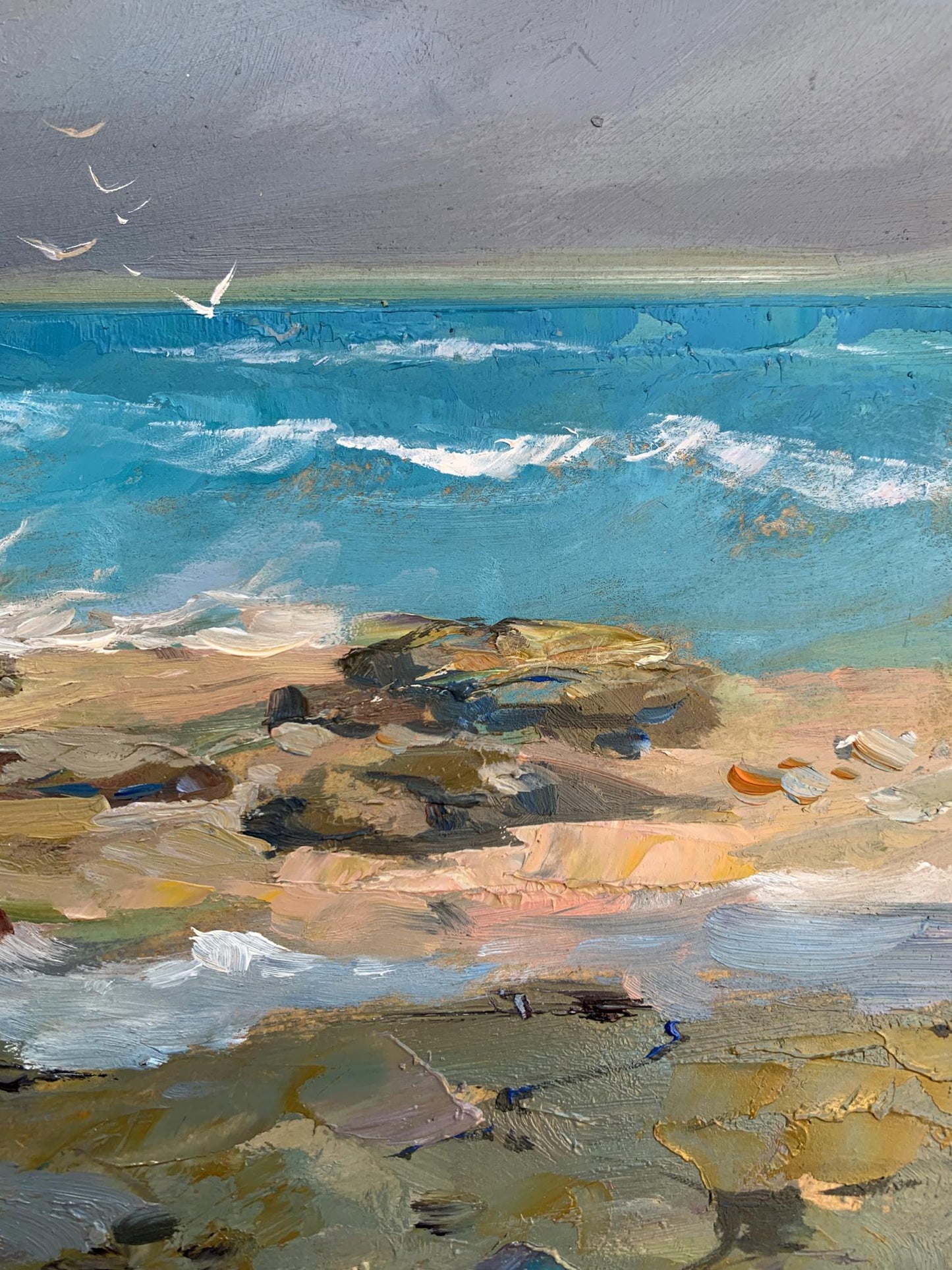 Oil painting by Yuriy Suprunchuk: white seagulls on turquoise seashore