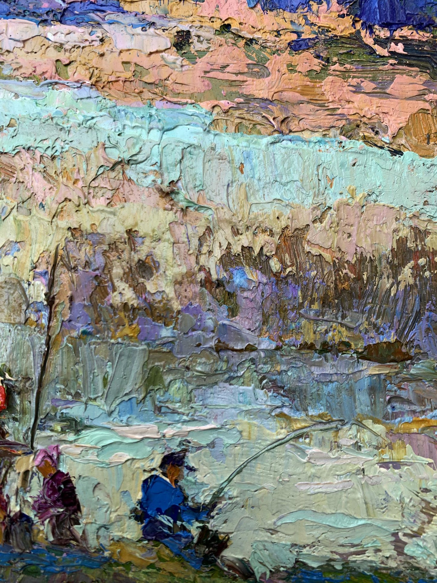 Oil painting Fishing with friends by Oksana Ivanyuk rocky landscape