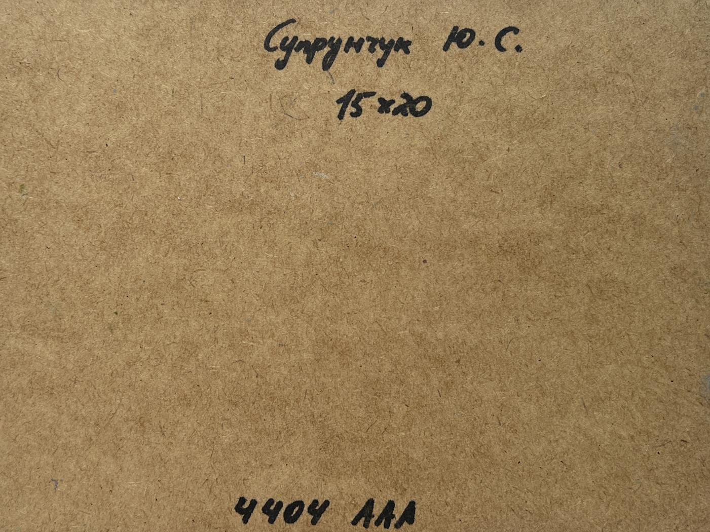 Back of Yuriy Suprunchuk oil painting River along the willow: brown textured paper with handwritten Cyrillic text and measurements