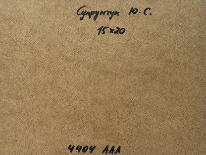 Back of Yuriy Suprunchuk oil painting River along the willow: brown textured paper with handwritten Cyrillic text and measurements