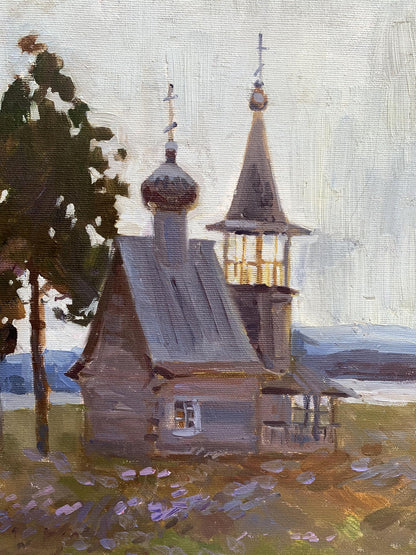 Oil painting of rustic wooden Temple by Tatyana Derdey with domed spired towers