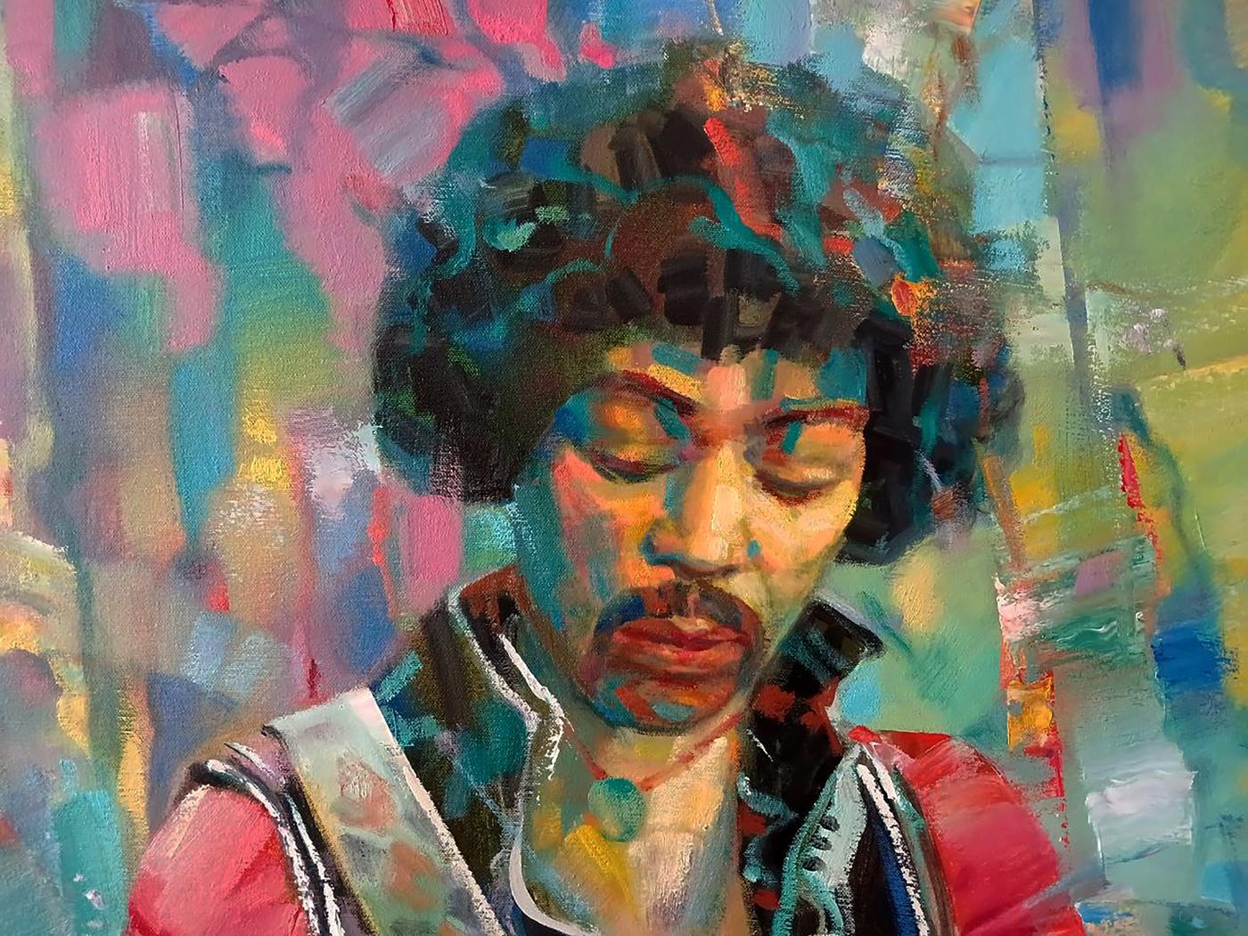 Vibrant abstract oil painting of Jimi Hendrix by Anatoly Tarabanov