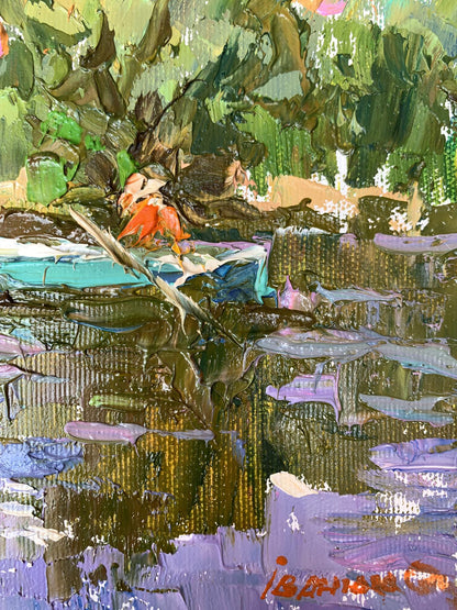 Vibrant impressionist oil painting of summer fishing pond by Oleksiy Ivanyuk