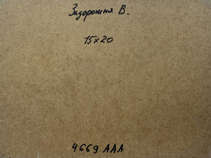 Back of V. Zadorozhnya oil painting Sunset is like fire in the mountains with Cyrillic text