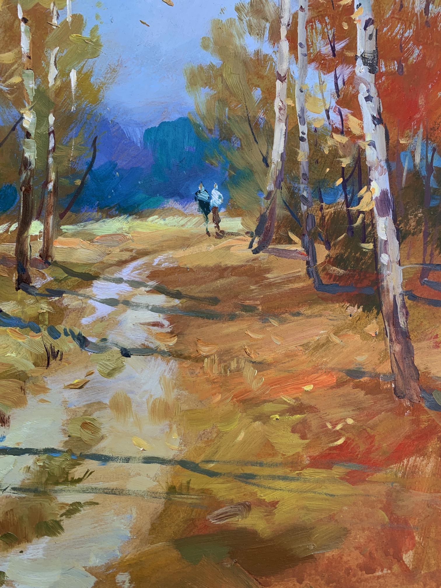 Oil painting by Yuriy Suprunchuk: Jogging through autumn birch forest path