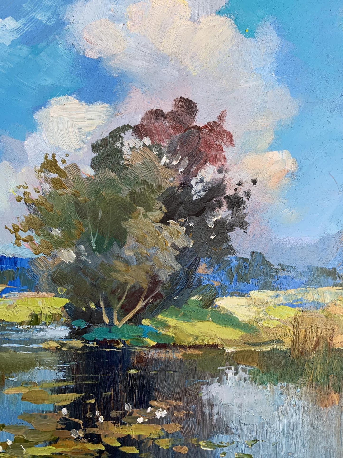 Impressionistic oil painting by Yuriy Suprunchuk: lush tree by reflective water