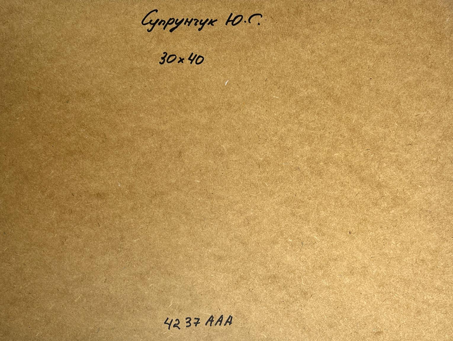Back of oil painting Ships on the ferry Yuriy Suprunchuk with brown cardboard Cyrillic text and measurements