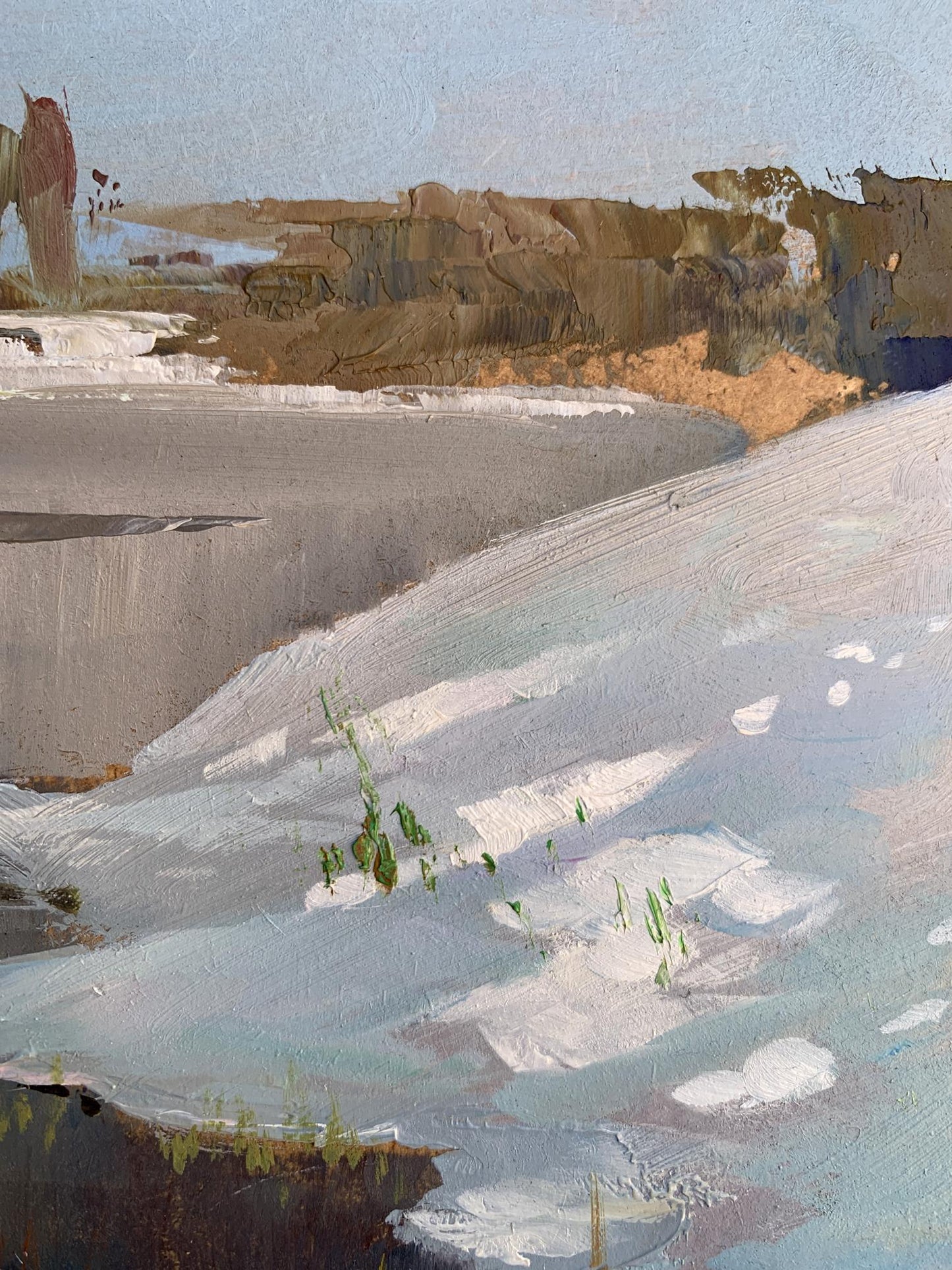Textured oil painting of thawed river snowy landscape by Yuriy Suprunchuk